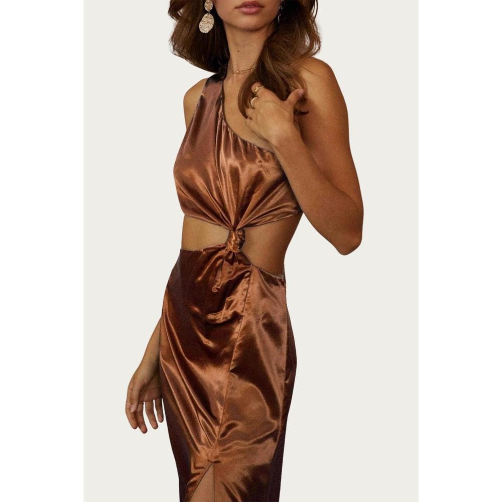 NEW ENDLESS BLU. one-shoulder satin cutout midi dress in bronze